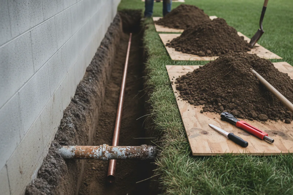 Excavated water line trench during Sewer Line Repair in Alta